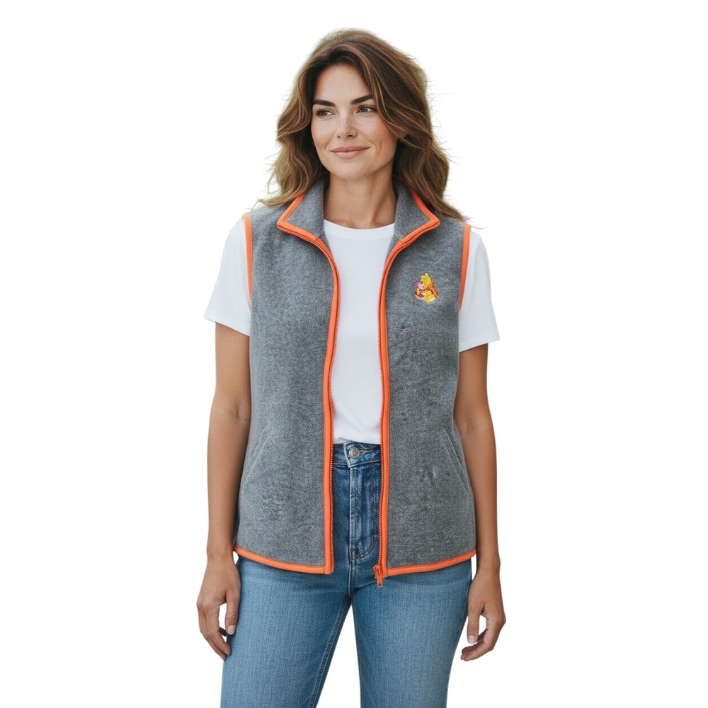 Disney Pooh‎ Woman Fleece Vest Gray Orange Trim Zipper Pocket Size 2X Vintagr